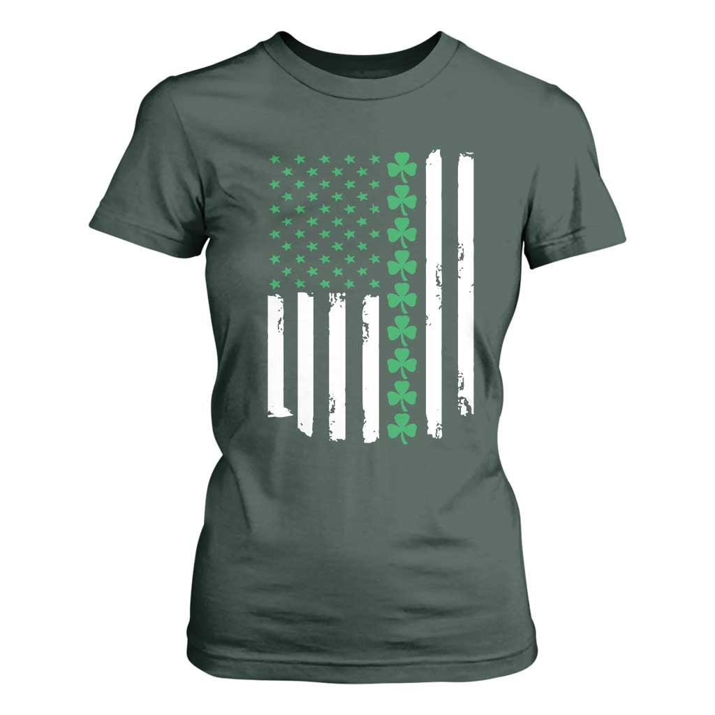 Vintage St. Patricks Day American Flag Shamrocks T Shirt For Women TS10 Dark Forest Green Print Your Wear
