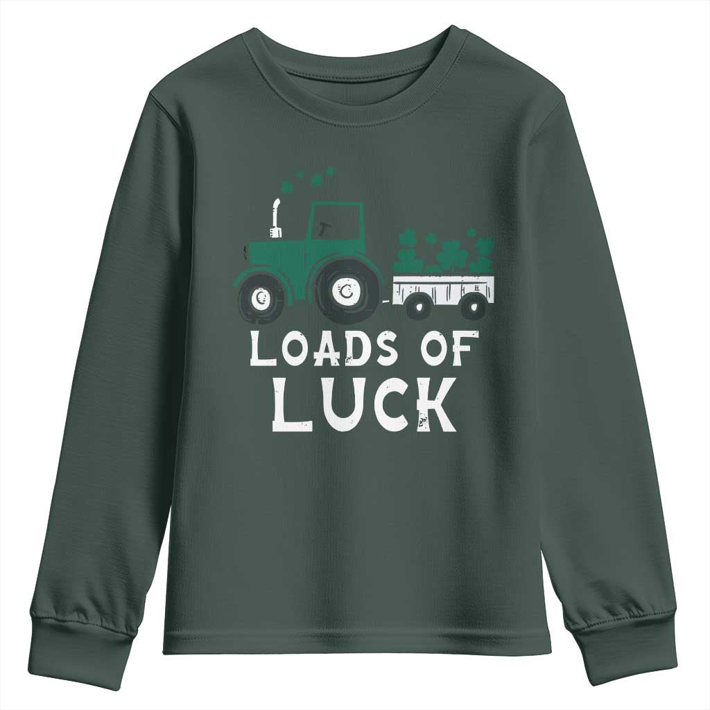 Boys St Patricks Day Youth Sweatshirt Loads Of Luck Lucky Tractor Truck TS10 Dark Forest Green Print Your Wear