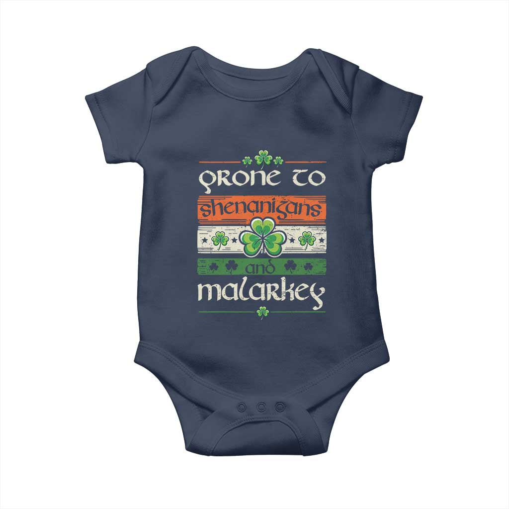 St. Patrick's Day Prone to Shenanigans and Malarkey Baby Onesie Funny St Patrick's Day Lucky Shamrock Irish TS10 Navy Print Your Wear