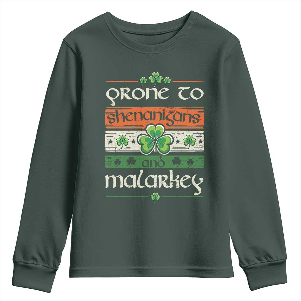 St. Patrick's Day Prone to Shenanigans and Malarkey Youth Sweatshirt Funny St Patrick's Day Lucky Shamrock Irish TS10 Dark Forest Green Print Your Wear