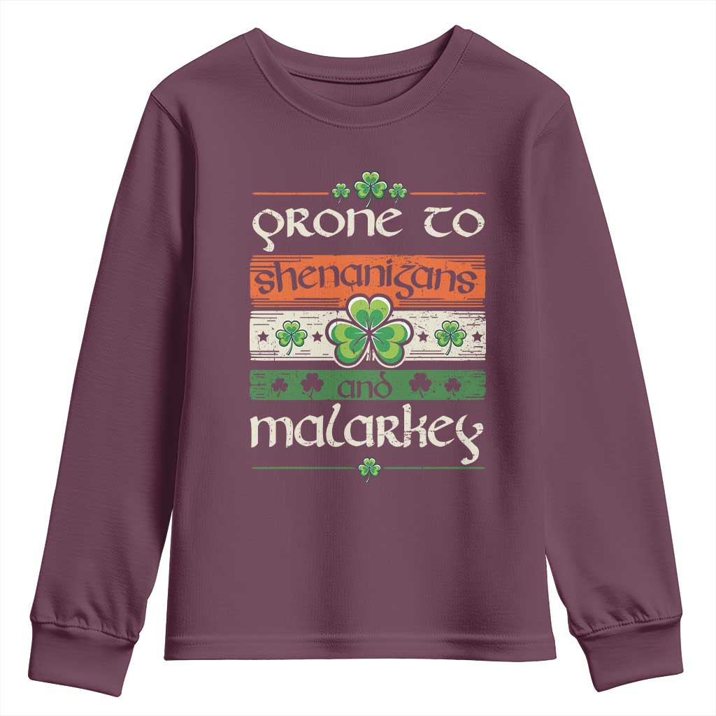 St. Patrick's Day Prone to Shenanigans and Malarkey Youth Sweatshirt Funny St Patrick's Day Lucky Shamrock Irish TS10 Maroon Print Your Wear