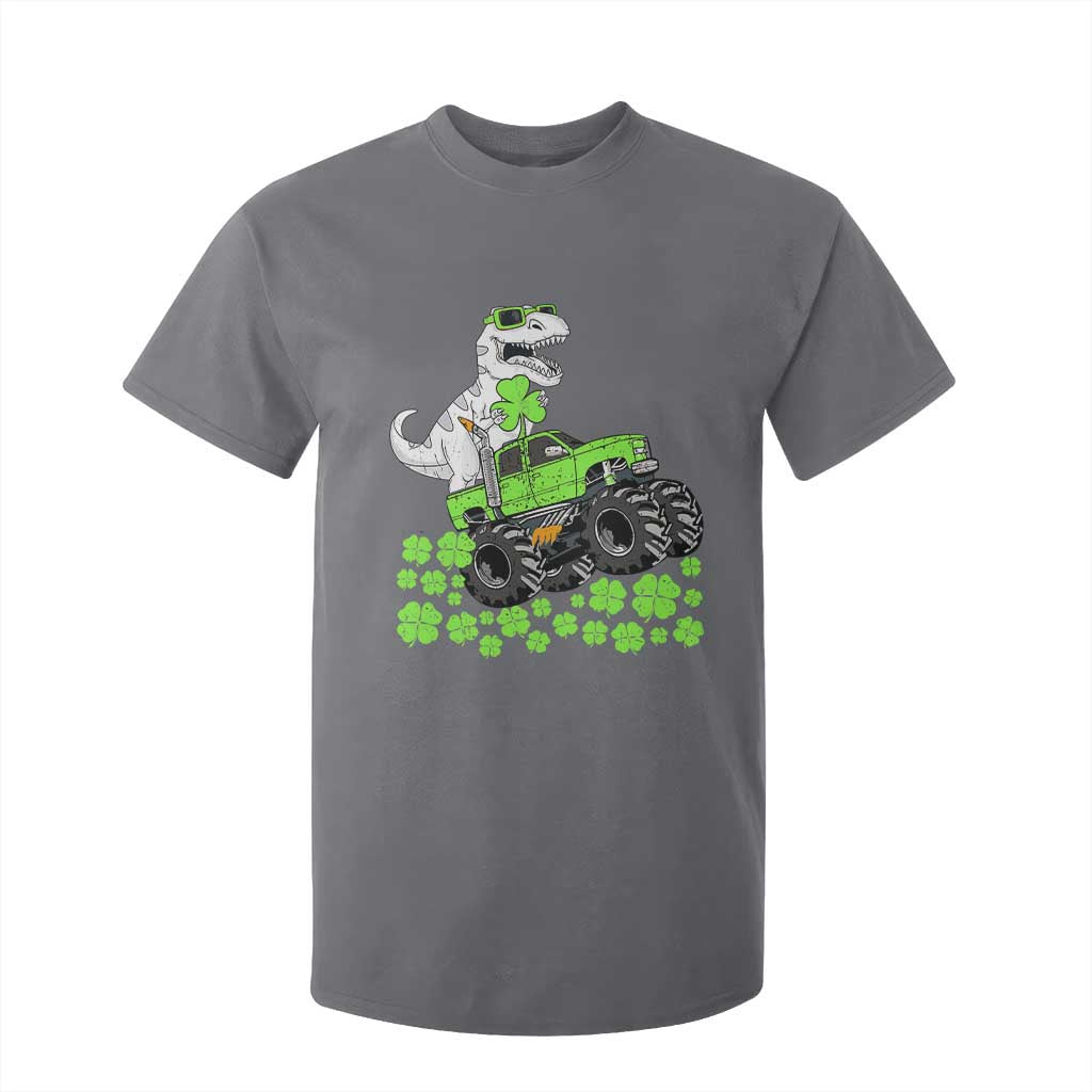Lucky St Patricks Day Toddler Boys T Shirt For Kid T Rex Dino Riding Monster Truck Shamrock TS10 Charcoal Print Your Wear