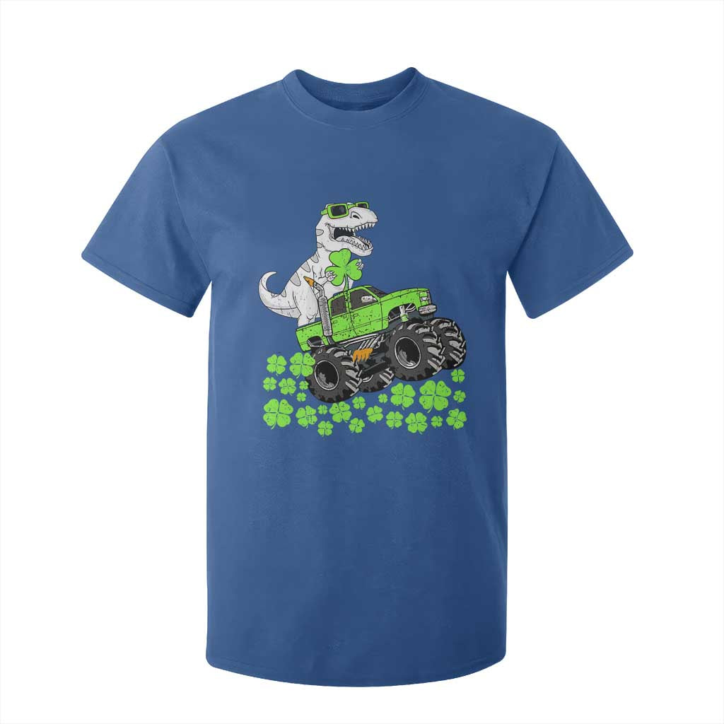 Lucky St Patricks Day Toddler Boys T Shirt For Kid T Rex Dino Riding Monster Truck Shamrock TS10 Royal Blue Print Your Wear