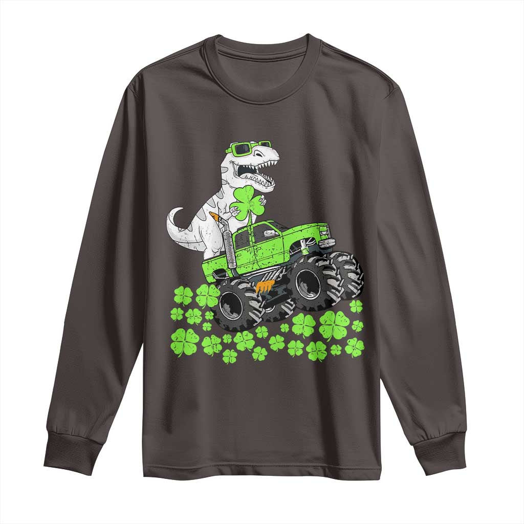 Lucky St Patricks Day Toddler Boys Long Sleeve Shirt T Rex Dino Riding Monster Truck Shamrock TS10 Dark Chocolate Print Your Wear