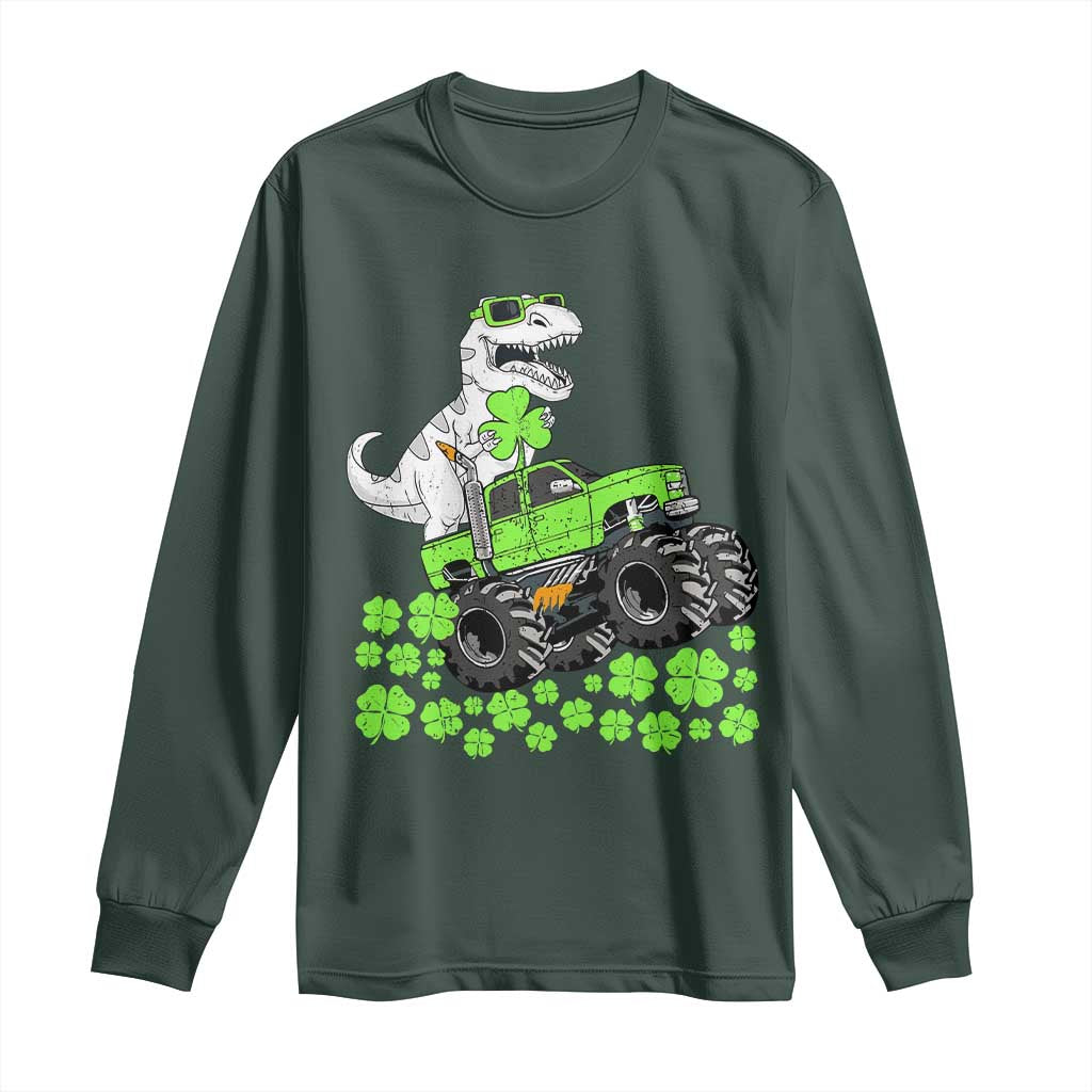 Lucky St Patricks Day Toddler Boys Long Sleeve Shirt T Rex Dino Riding Monster Truck Shamrock TS10 Dark Forest Green Print Your Wear