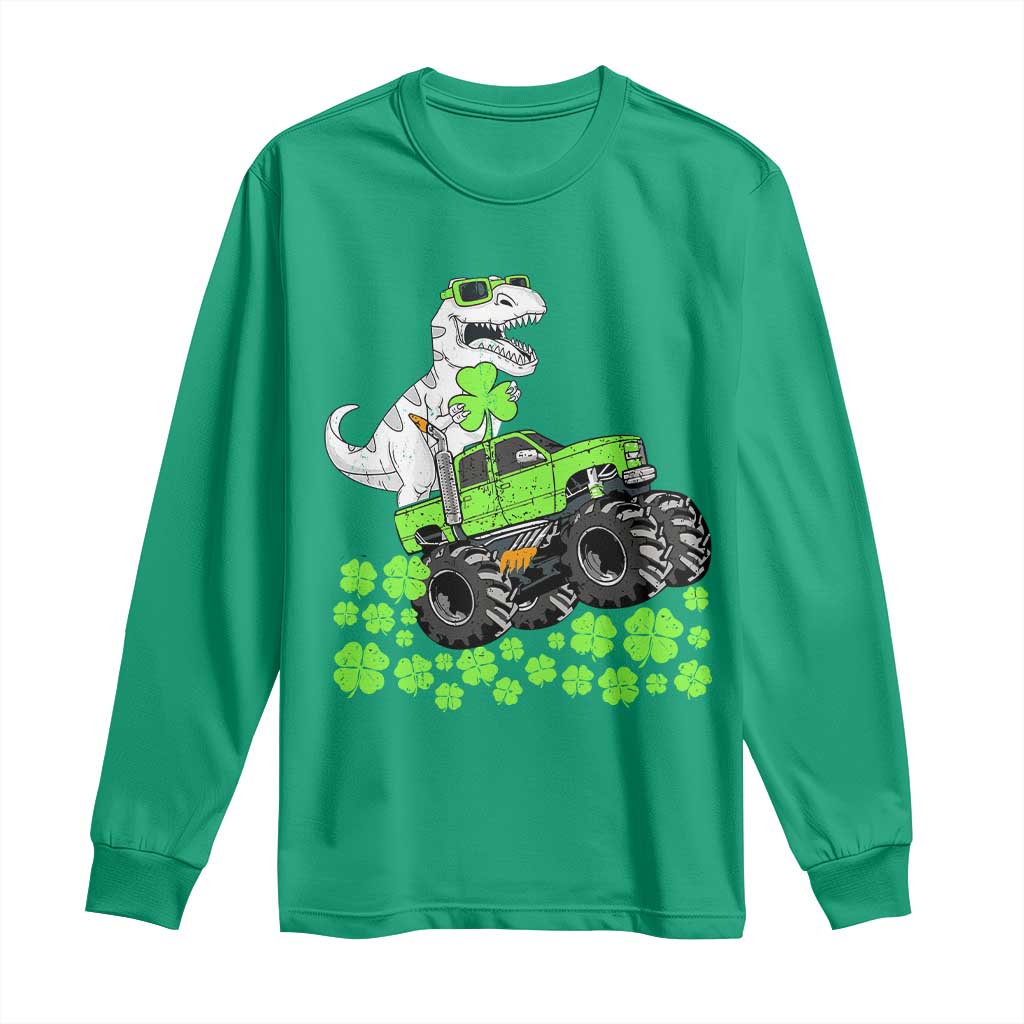 Lucky St Patricks Day Toddler Boys Long Sleeve Shirt T Rex Dino Riding Monster Truck Shamrock TS10 Irish Green Print Your Wear