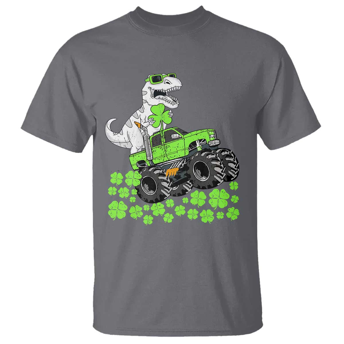 Lucky St Patricks Day Toddler Boys T Shirt T Rex Dino Riding Monster Truck Shamrock TS10 Charcoal Print Your Wear