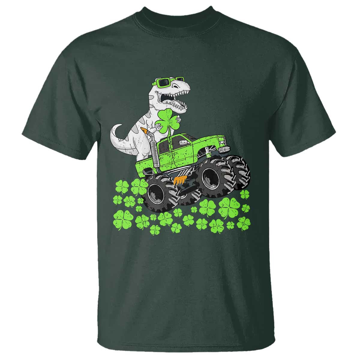 Lucky St Patricks Day Toddler Boys T Shirt T Rex Dino Riding Monster Truck Shamrock TS10 Dark Forest Green Print Your Wear
