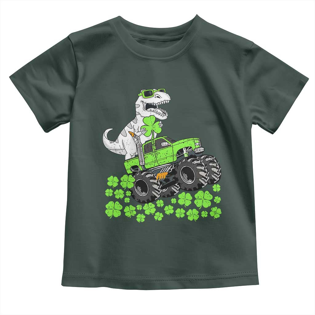 Lucky St Patricks Day Toddler Boys Toddler T Shirt T Rex Dino Riding Monster Truck Shamrock TS10 Dark Forest Green Print Your Wear