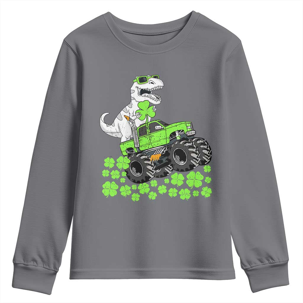 Lucky St Patricks Day Toddler Boys Youth Sweatshirt T Rex Dino Riding Monster Truck Shamrock TS10 Charcoal Print Your Wear