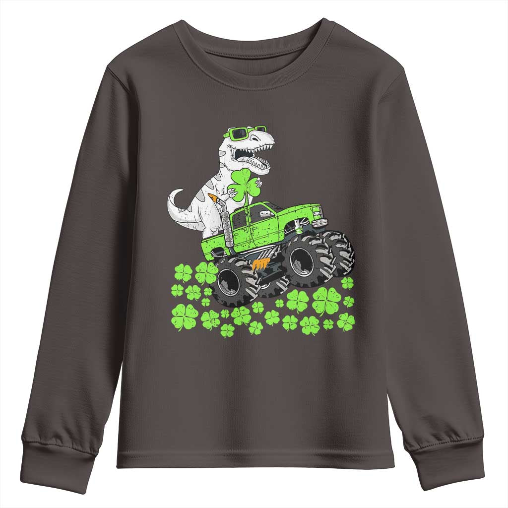 Lucky St Patricks Day Toddler Boys Youth Sweatshirt T Rex Dino Riding Monster Truck Shamrock TS10 Dark Chocolate Print Your Wear