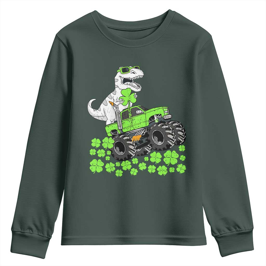 Lucky St Patricks Day Toddler Boys Youth Sweatshirt T Rex Dino Riding Monster Truck Shamrock TS10 Dark Forest Green Print Your Wear
