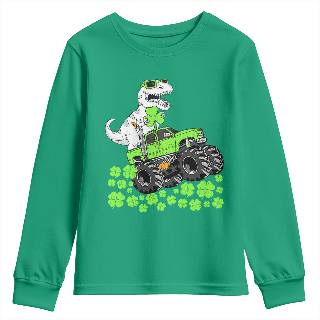 Lucky St Patricks Day Toddler Boys Youth Sweatshirt T Rex Dino Riding Monster Truck Shamrock TS10 Irish Green Print Your Wear