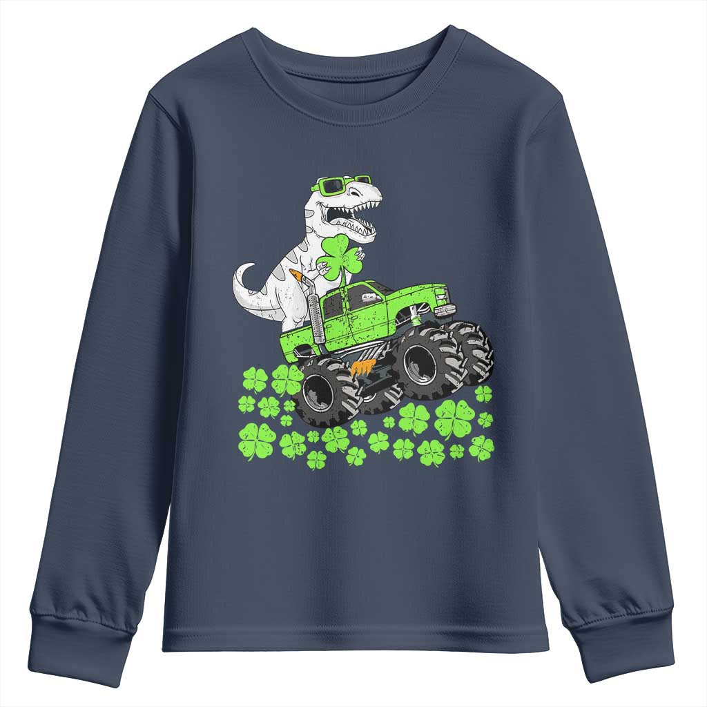 Lucky St Patricks Day Toddler Boys Youth Sweatshirt T Rex Dino Riding Monster Truck Shamrock TS10 Navy Print Your Wear