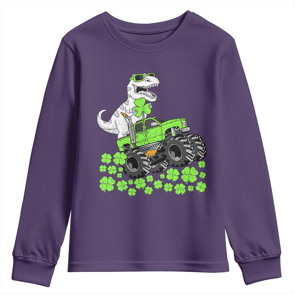 Lucky St Patricks Day Toddler Boys Youth Sweatshirt T Rex Dino Riding Monster Truck Shamrock TS10 Purple Print Your Wear