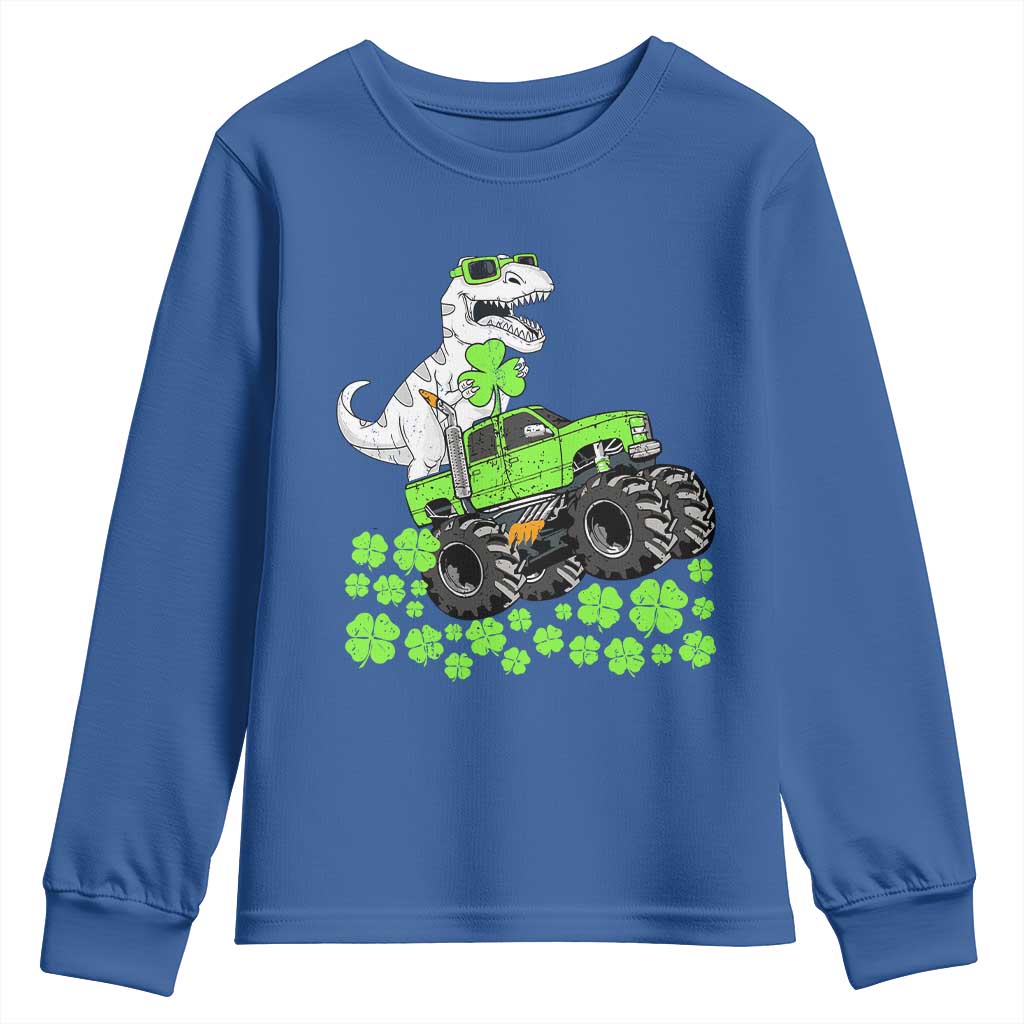 Lucky St Patricks Day Toddler Boys Youth Sweatshirt T Rex Dino Riding Monster Truck Shamrock TS10 Royal Blue Print Your Wear