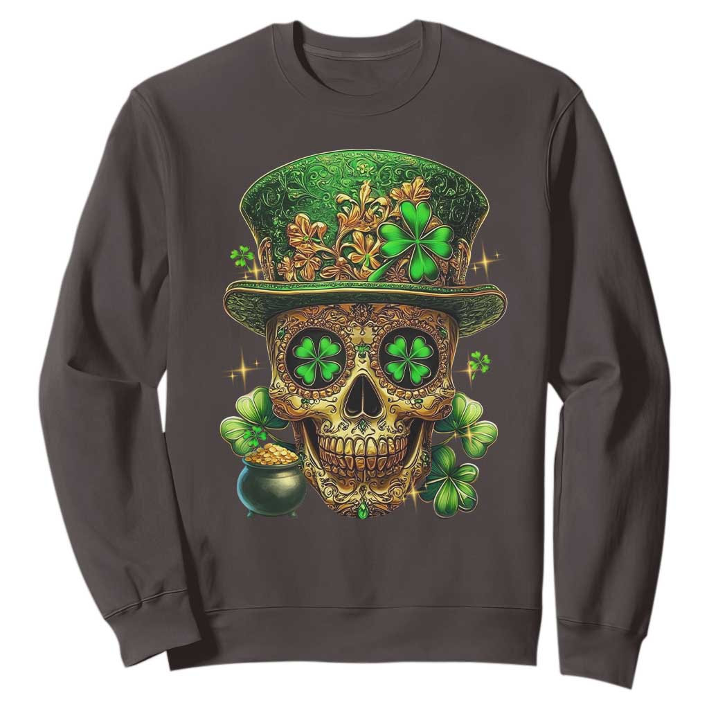 Sugar Skull St Patrick Day Sweatshirt De Los Muertos Lucky Shamrock TS10 Dark Chocolate Print Your Wear