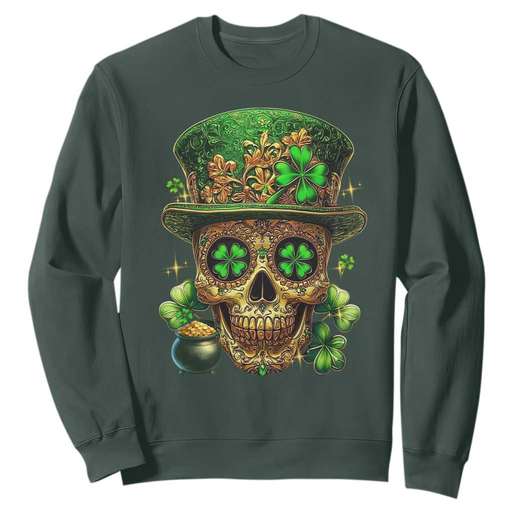 Sugar Skull St Patrick Day Sweatshirt De Los Muertos Lucky Shamrock TS10 Dark Forest Green Print Your Wear