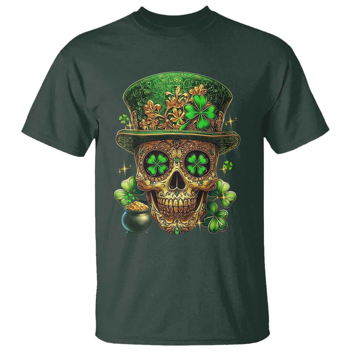 Sugar Skull St Patrick Day T Shirt De Los Muertos Lucky Shamrock TS10 Dark Forest Green Print Your Wear
