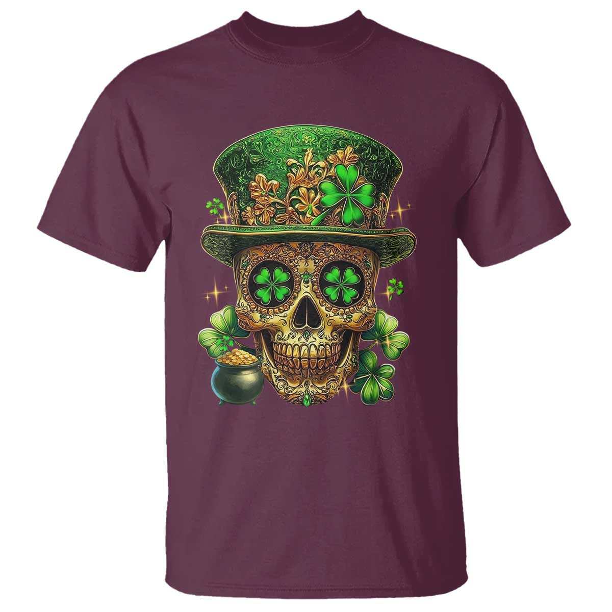 Sugar Skull St Patrick Day T Shirt De Los Muertos Lucky Shamrock TS10 Maroon Print Your Wear