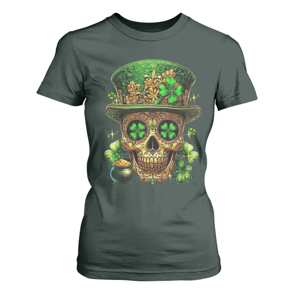 Sugar Skull St Patrick Day T Shirt For Women De Los Muertos Lucky Shamrock TS10 Dark Forest Green Print Your Wear