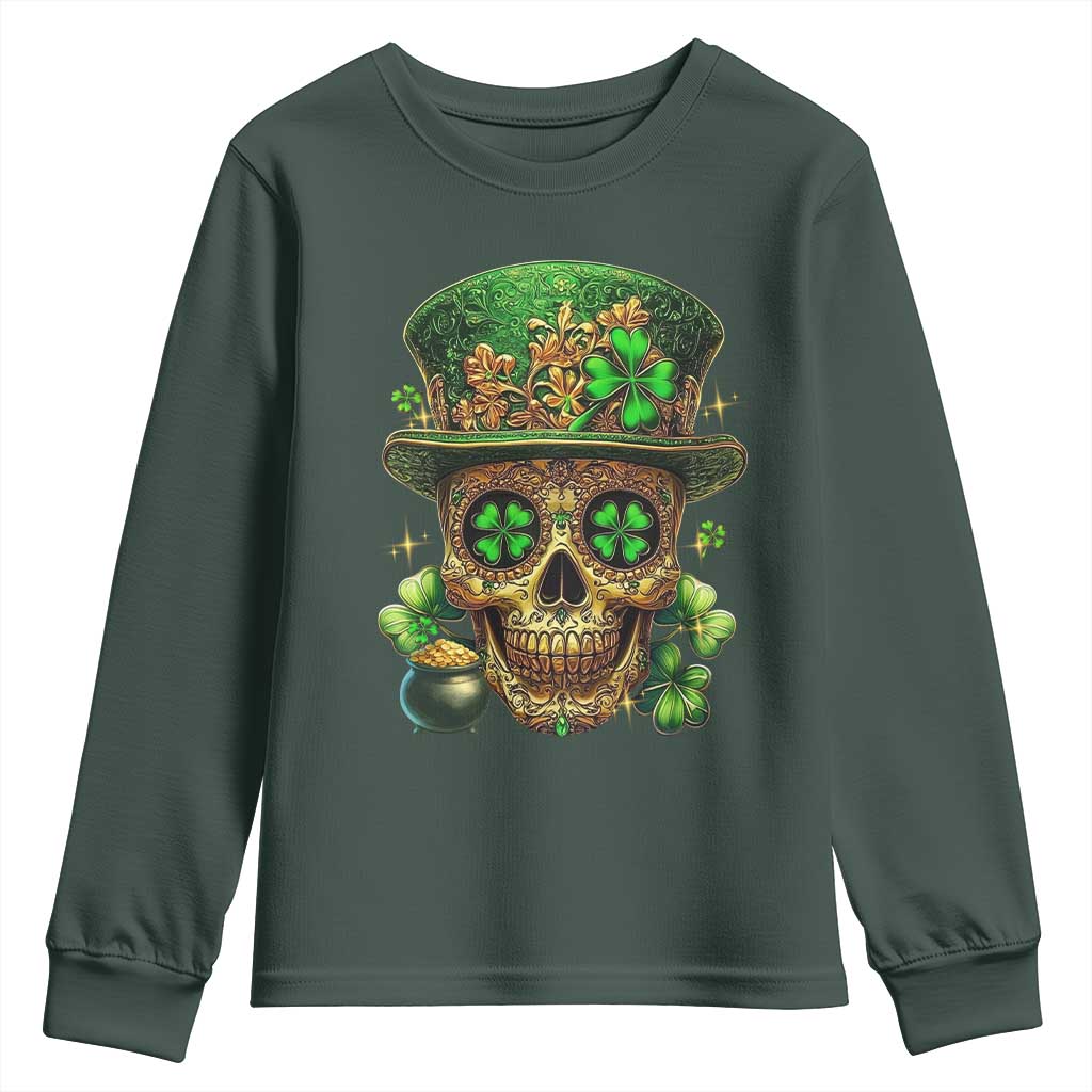 Sugar Skull St Patrick Day Youth Sweatshirt De Los Muertos Lucky Shamrock TS10 Dark Forest Green Print Your Wear