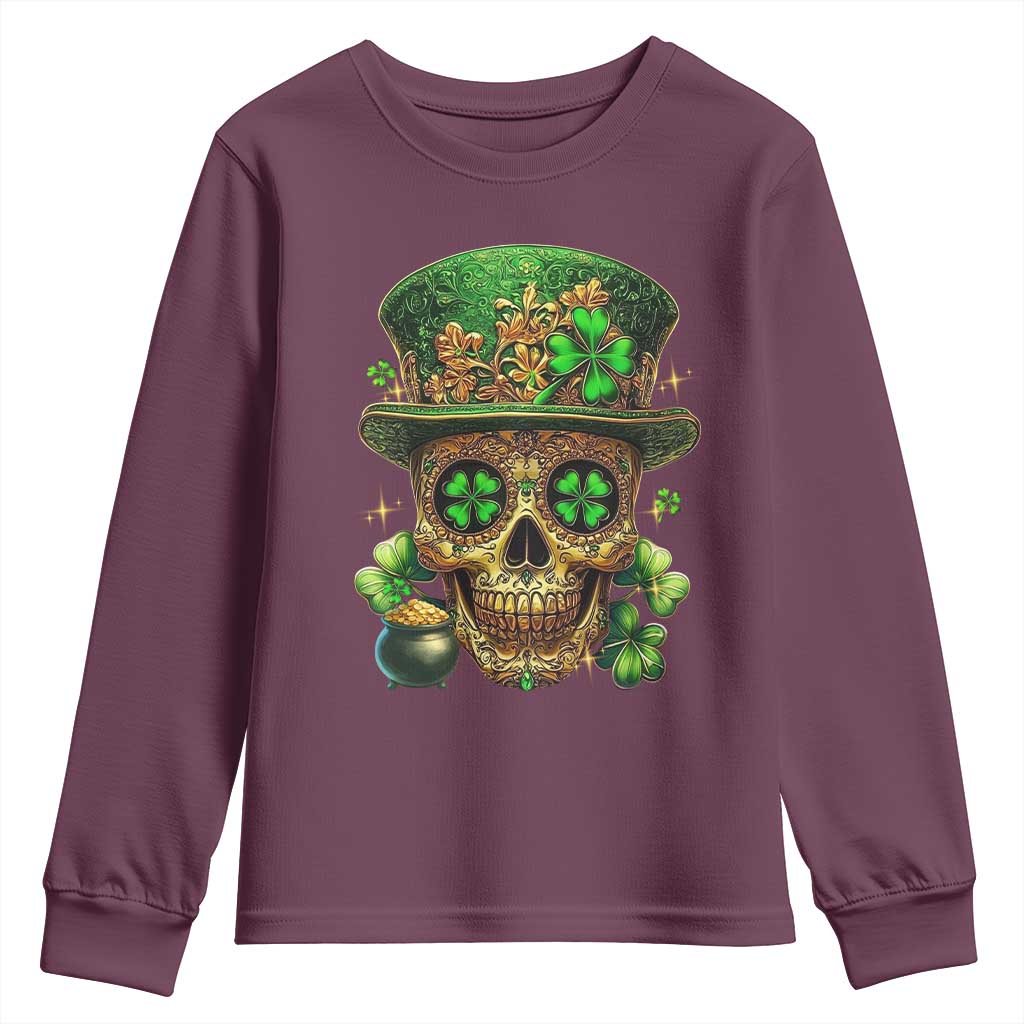 Sugar Skull St Patrick Day Youth Sweatshirt De Los Muertos Lucky Shamrock TS10 Maroon Print Your Wear