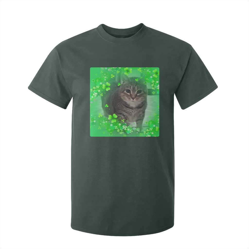 Funny Cat Meme St Patricks Day T Shirt For Kid Lucky Shamrock Goofy Ahh Cat TS10 Dark Forest Green Print Your Wear