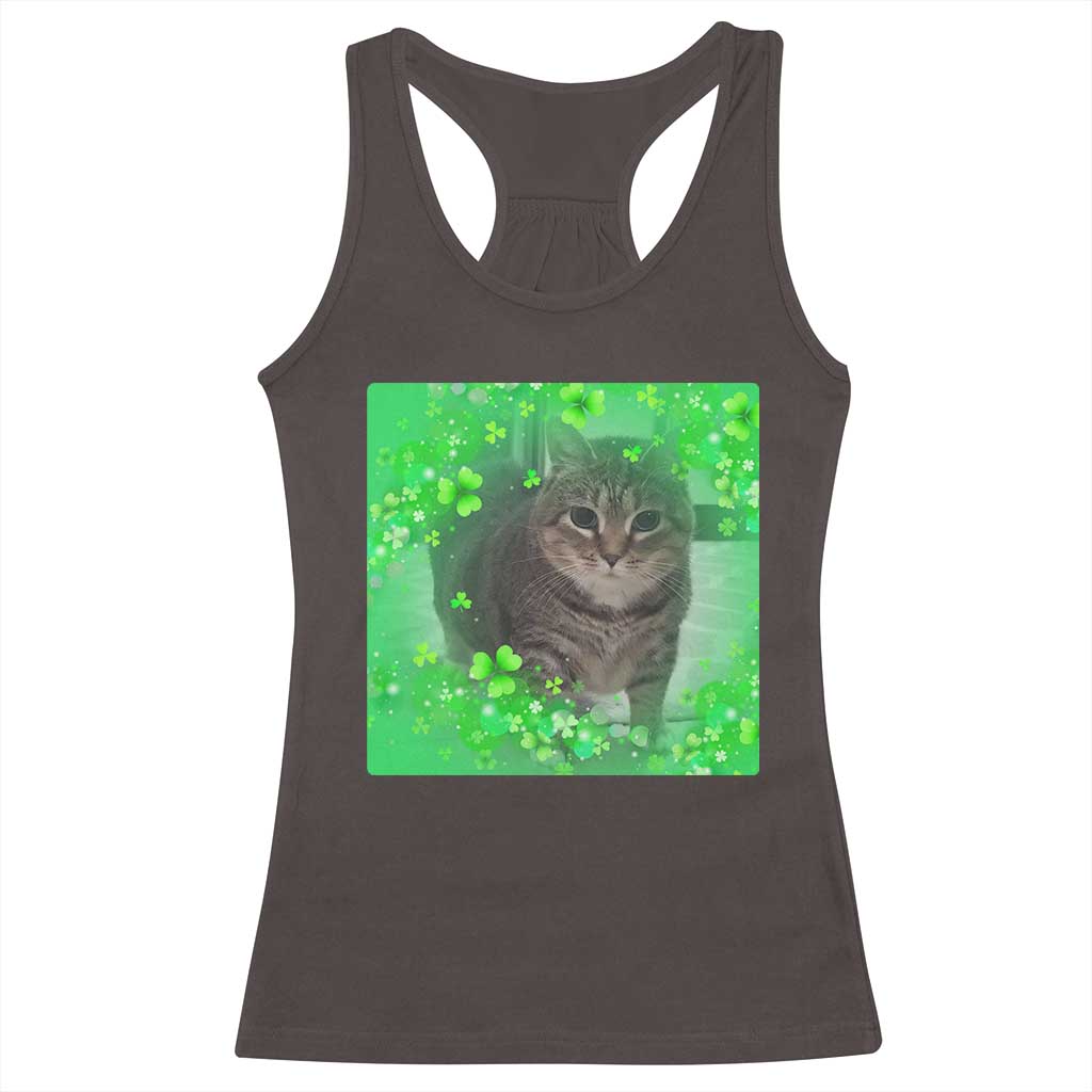 Funny Cat Meme St Patricks Day Racerback Tank Top Lucky Shamrock Goofy Ahh Cat TS10 Dark Chocolate Print Your Wear