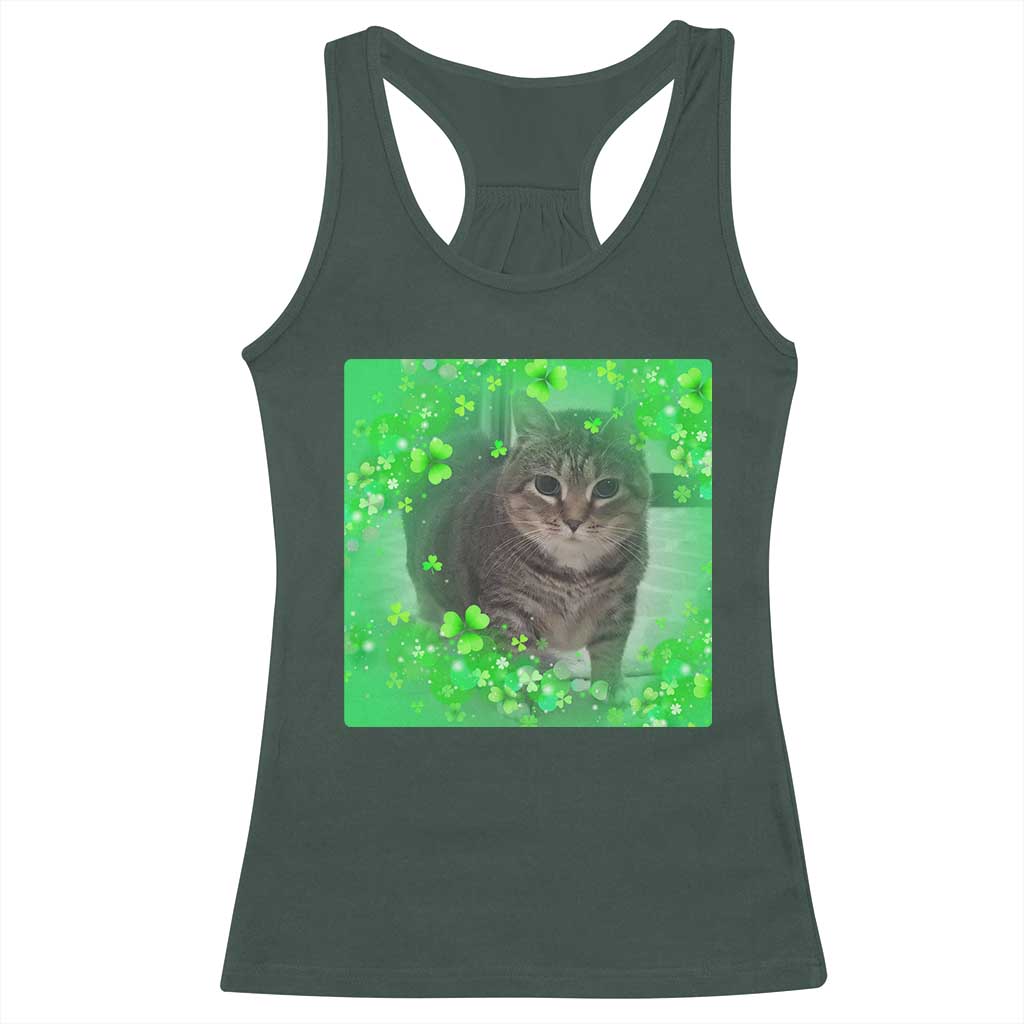 Funny Cat Meme St Patricks Day Racerback Tank Top Lucky Shamrock Goofy Ahh Cat TS10 Dark Forest Green Print Your Wear