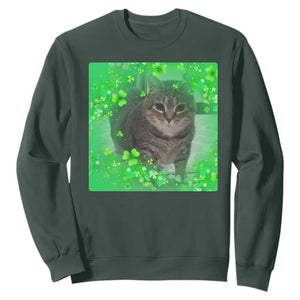 Funny Cat Meme St Patricks Day Sweatshirt Lucky Shamrock Goofy Ahh Cat TS10 Dark Forest Green Print Your Wear