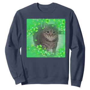 Funny Cat Meme St Patricks Day Sweatshirt Lucky Shamrock Goofy Ahh Cat TS10 Navy Print Your Wear