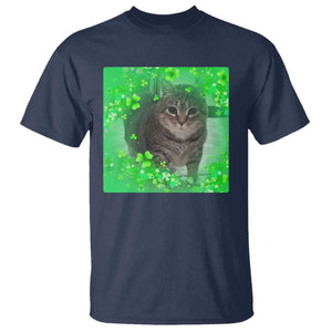 Funny Cat Meme St Patricks Day T Shirt Lucky Shamrock Goofy Ahh Cat TS10 Navy Print Your Wear