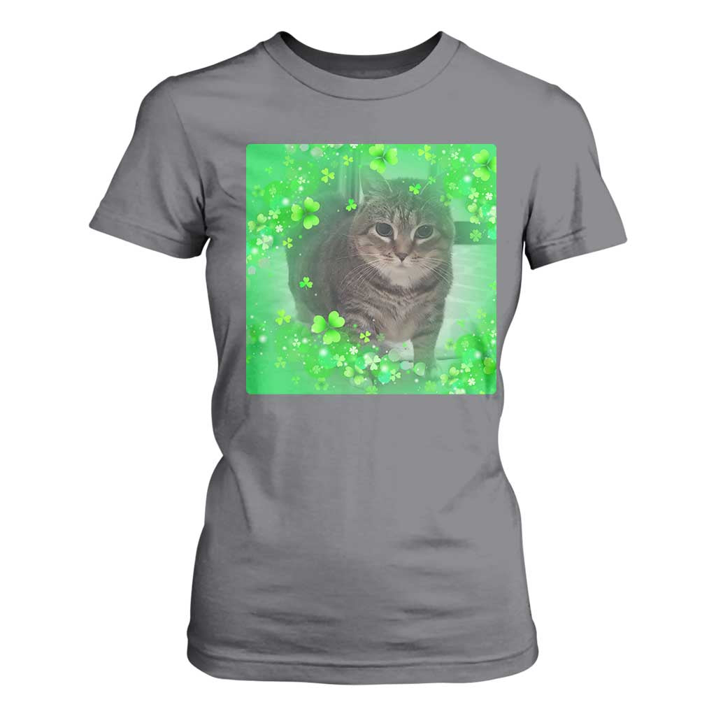Funny Cat Meme St Patricks Day T Shirt For Women Lucky Shamrock Goofy Ahh Cat TS10 Charcoal Print Your Wear