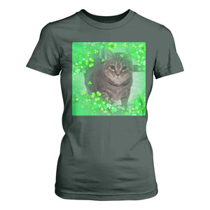 Funny Cat Meme St Patricks Day T Shirt For Women Lucky Shamrock Goofy Ahh Cat TS10 Dark Forest Green Print Your Wear
