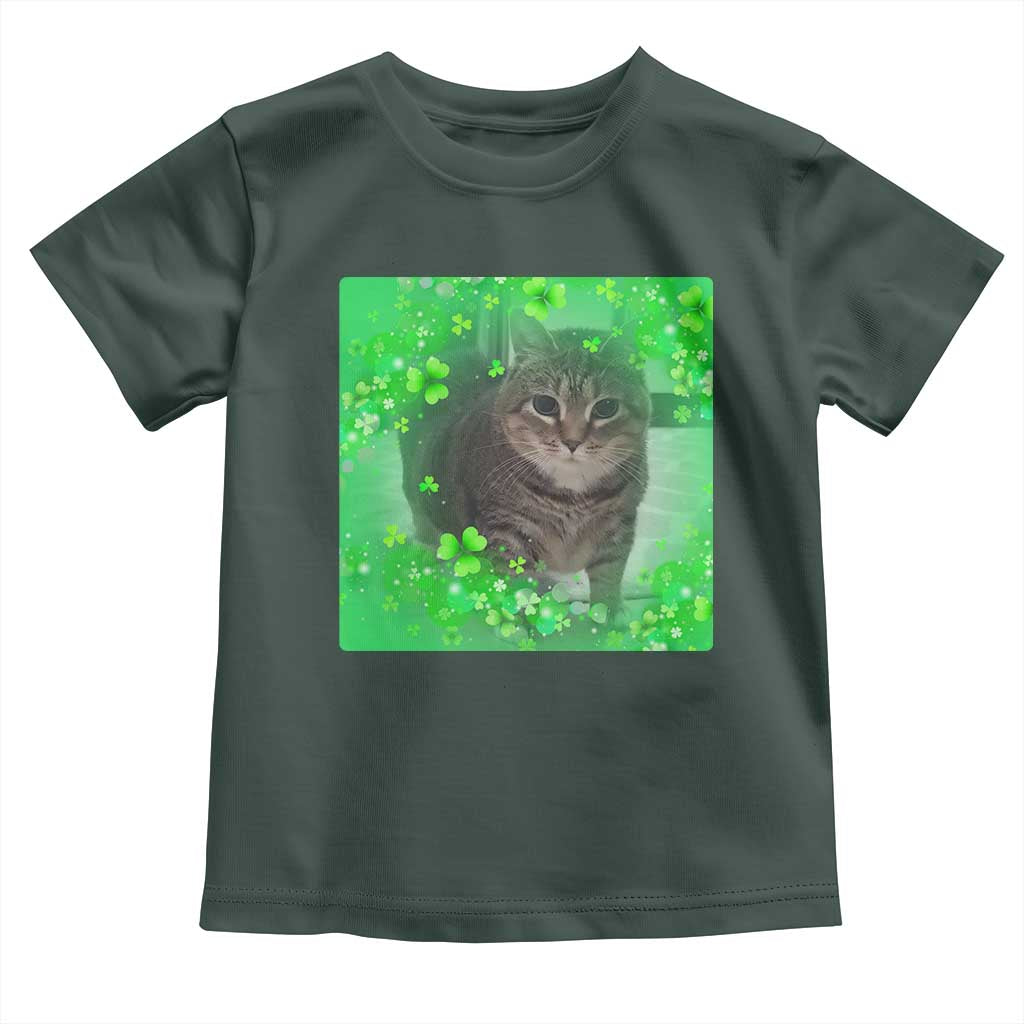 Funny Cat Meme St Patricks Day Toddler T Shirt Lucky Shamrock Goofy Ahh Cat TS10 Dark Forest Green Print Your Wear