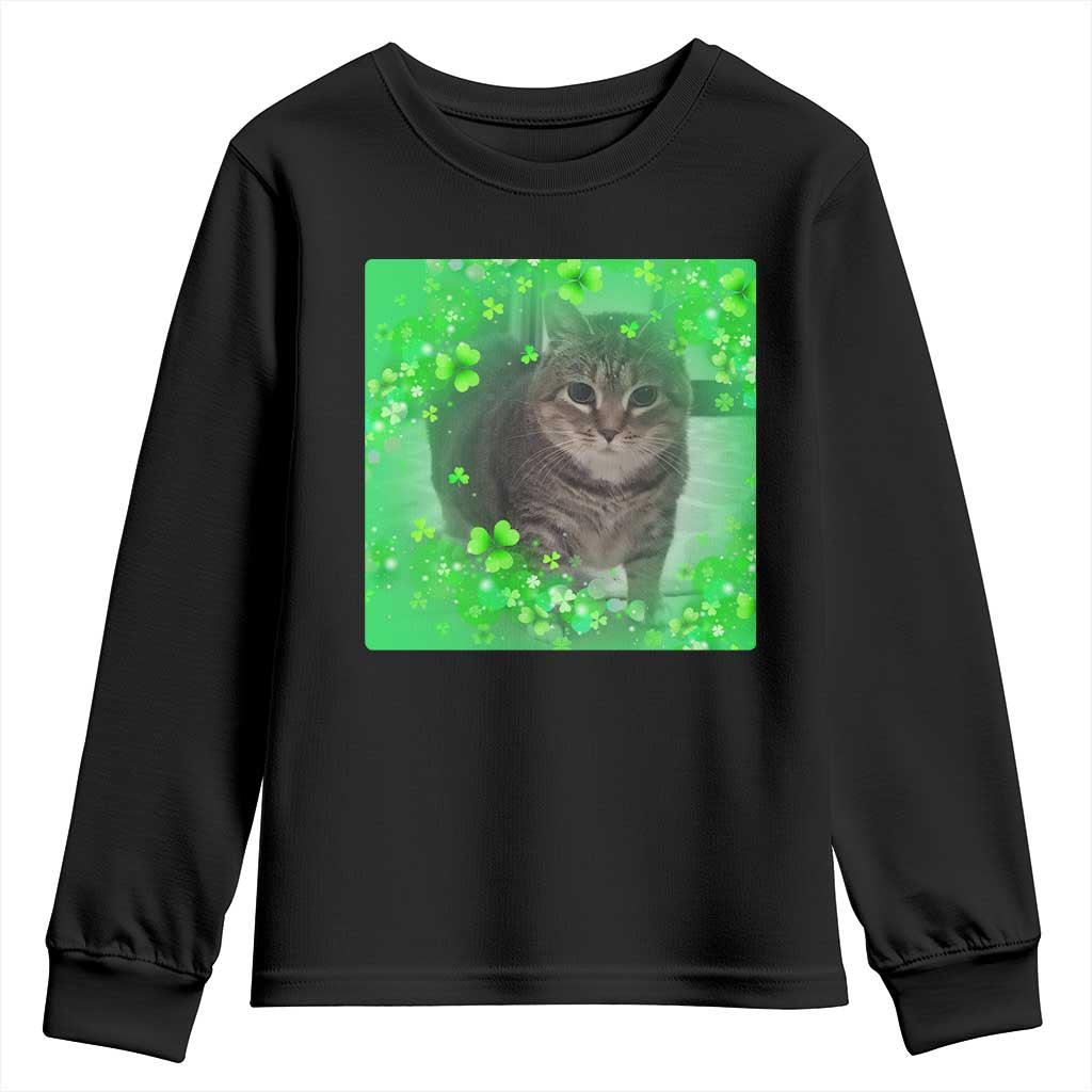 Funny Cat Meme St Patricks Day Youth Sweatshirt Lucky Shamrock Goofy Ahh Cat TS10 Black Print Your Wear