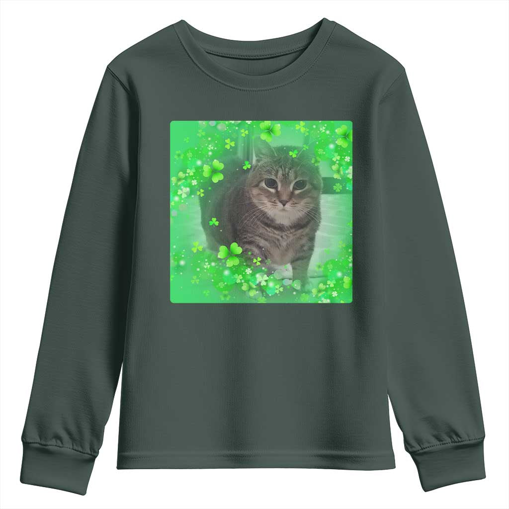 Funny Cat Meme St Patricks Day Youth Sweatshirt Lucky Shamrock Goofy Ahh Cat TS10 Dark Forest Green Print Your Wear