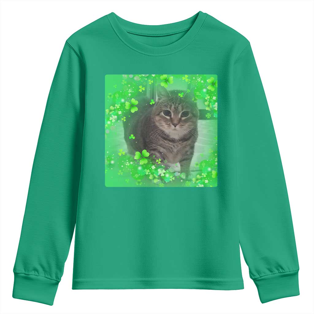 Funny Cat Meme St Patricks Day Youth Sweatshirt Lucky Shamrock Goofy Ahh Cat TS10 Irish Green Print Your Wear