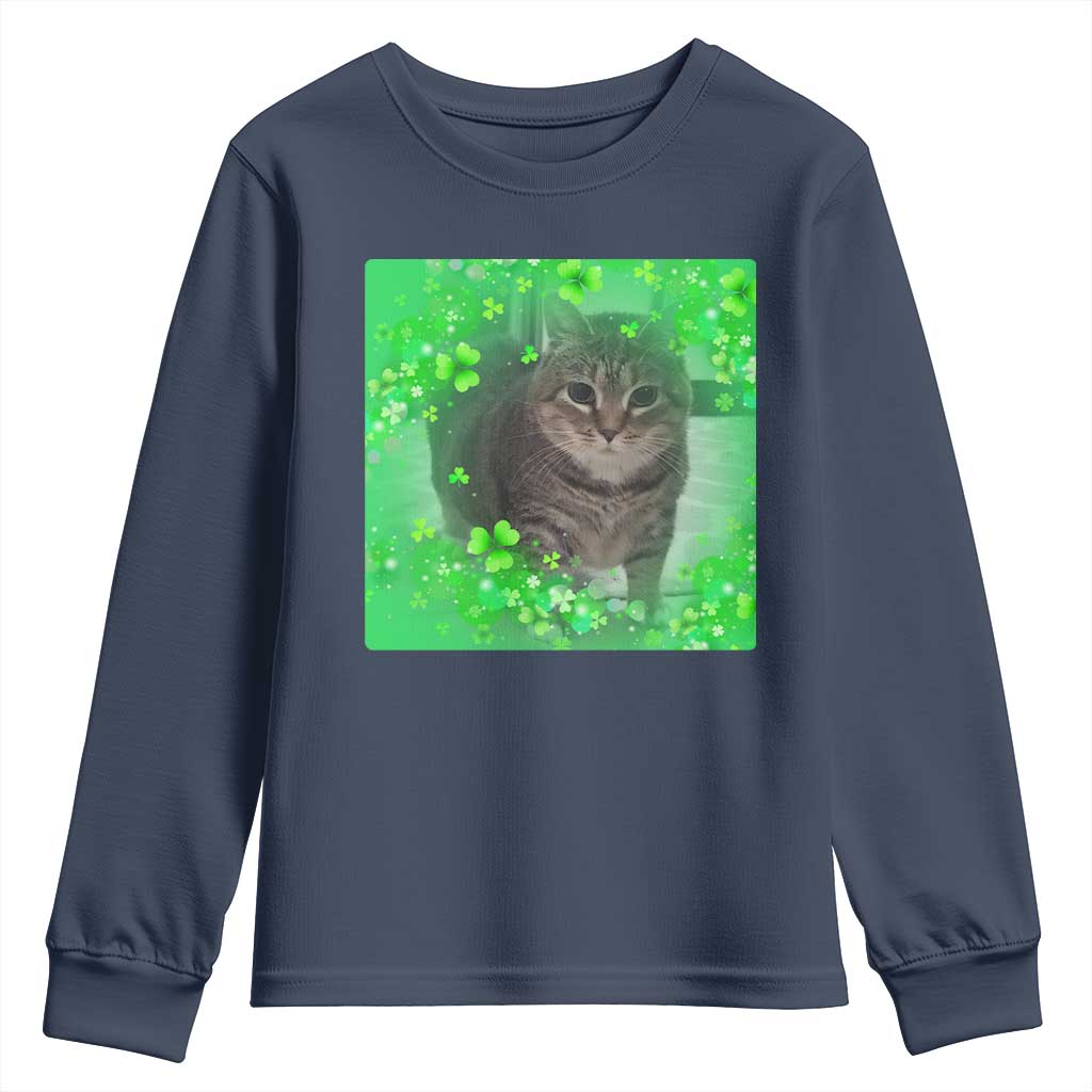 Funny Cat Meme St Patricks Day Youth Sweatshirt Lucky Shamrock Goofy Ahh Cat TS10 Navy Print Your Wear