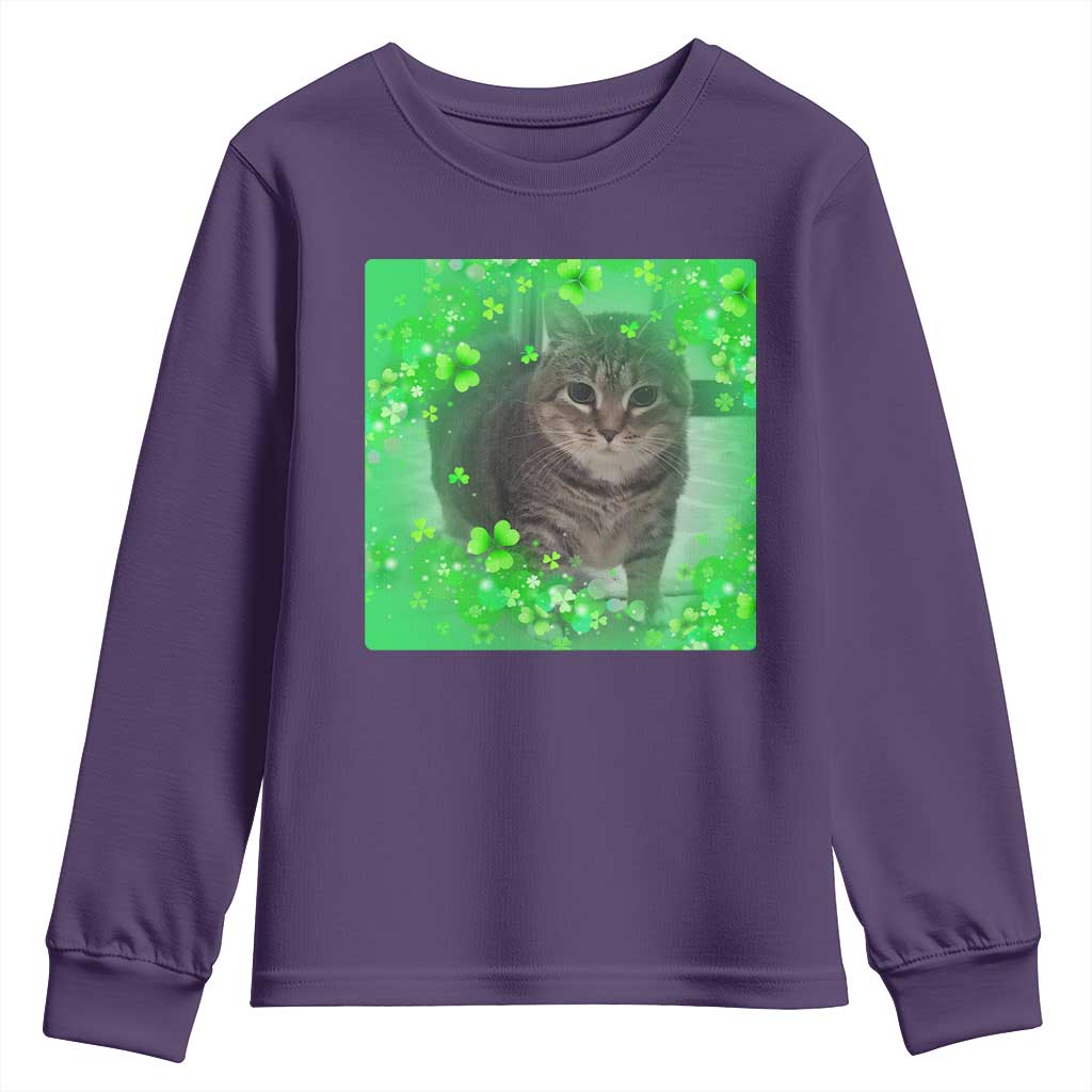 Funny Cat Meme St Patricks Day Youth Sweatshirt Lucky Shamrock Goofy Ahh Cat TS10 Purple Print Your Wear