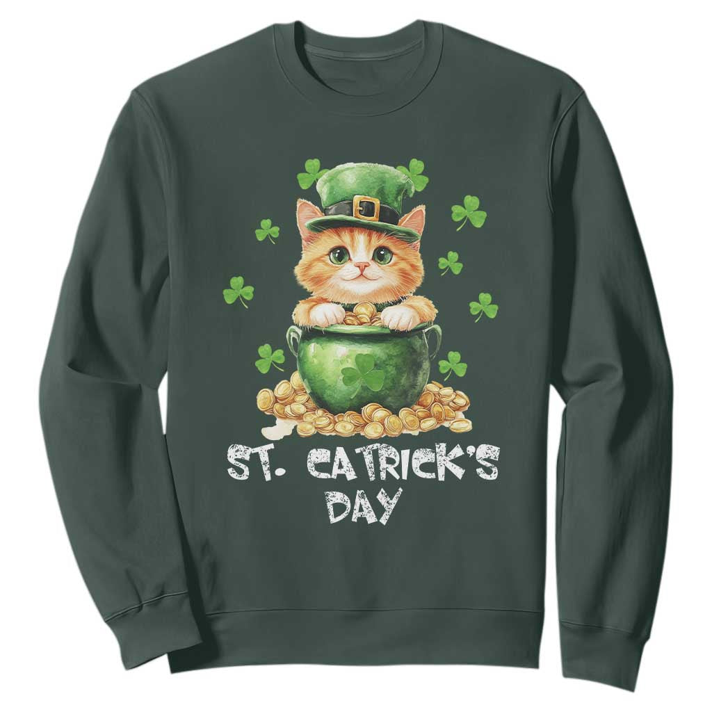 St. Patrick's Day Irish Cat Sweatshirt Kitty Saint Pattys Lucky Shamrocks TS10 Dark Forest Green Print Your Wear