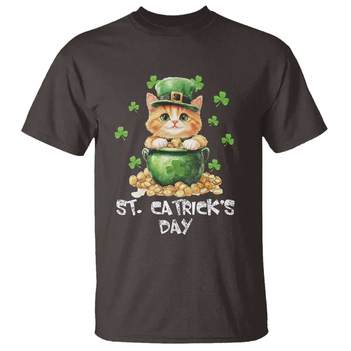 St. Patrick's Day Irish Cat T Shirt Kitty Saint Pattys Lucky Shamrocks TS10 Dark Chocolate Print Your Wear