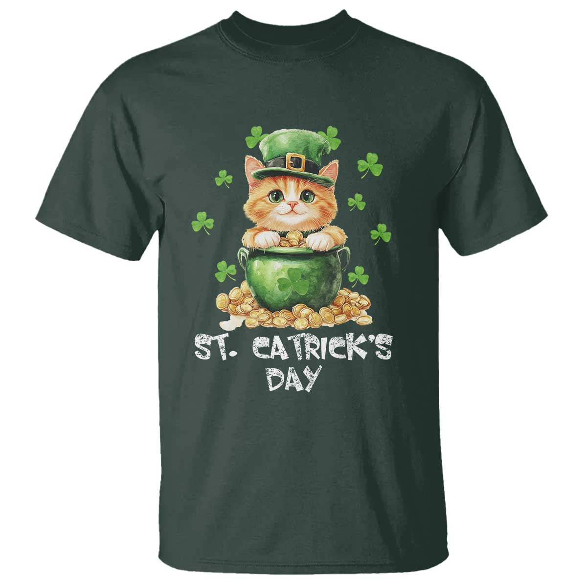 St. Patrick's Day Irish Cat T Shirt Kitty Saint Pattys Lucky Shamrocks TS10 Dark Forest Green Print Your Wear