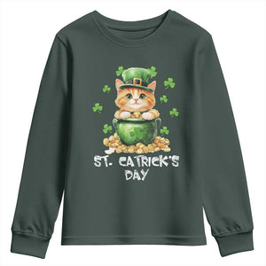 St. Patrick's Day Irish Cat Youth Sweatshirt Kitty Saint Pattys Lucky Shamrocks TS10 Dark Forest Green Print Your Wear