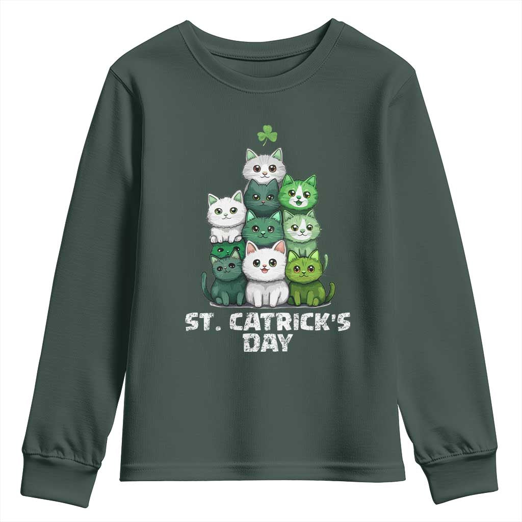St. Patrick's Day Irish Cat Youth Sweatshirt Cute Cats Saint Pattys TS10 Dark Forest Green Print Your Wear
