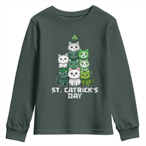 St. Patrick's Day Irish Cat Youth Sweatshirt Cute Cats Saint Pattys TS10 Dark Forest Green Print Your Wear