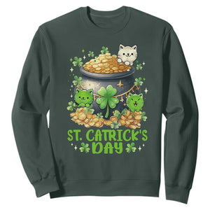 Cats St Patricks Day Sweatshirt Pot Of Gold Kitty Lover Lucky Irish TS10 Dark Forest Green Print Your Wear