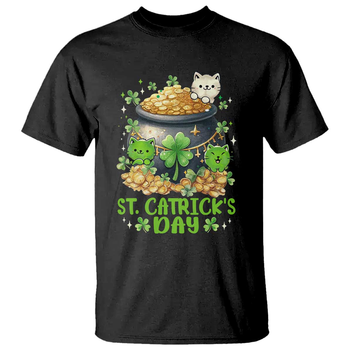 Cats St Patricks Day T Shirt Pot Of Gold Kitty Lover Lucky Irish TS10 Black Print Your Wear