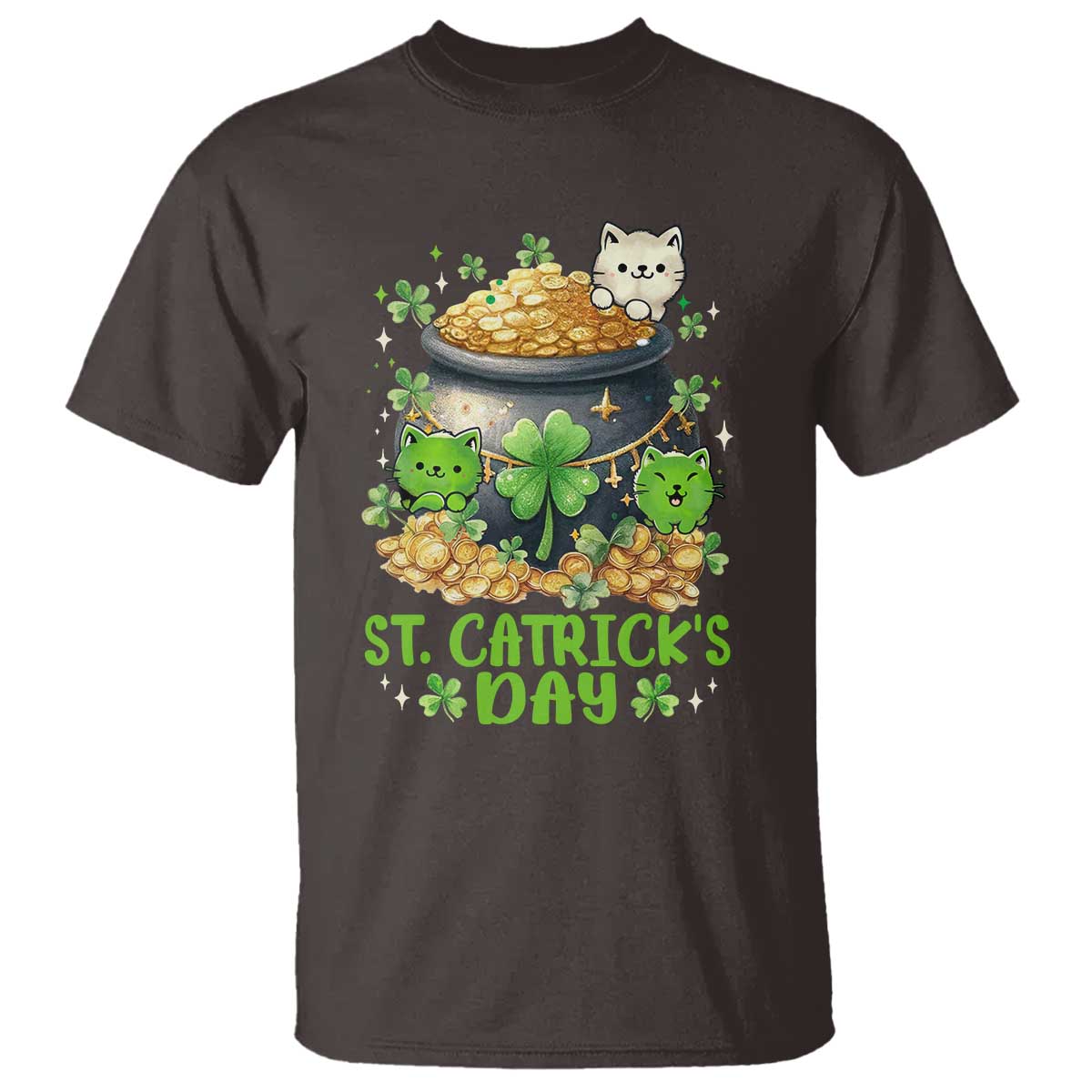 Cats St Patricks Day T Shirt Pot Of Gold Kitty Lover Lucky Irish TS10 Dark Chocolate Print Your Wear